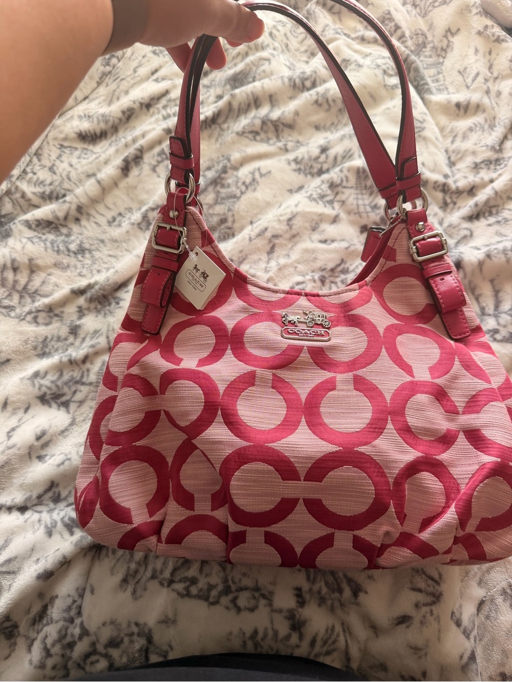 Coach Pink Signature Circle Hobo Bag with Leather Straps